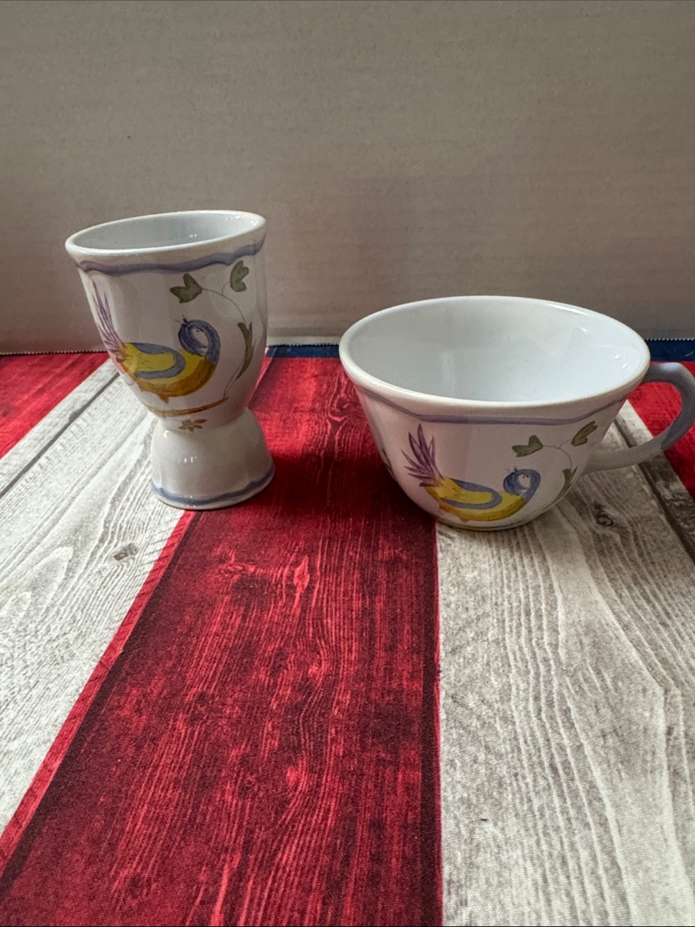 Vintage Hand-Painted Bird Motif Ceramic Cup and Egg Cup - White/cream and Yellow